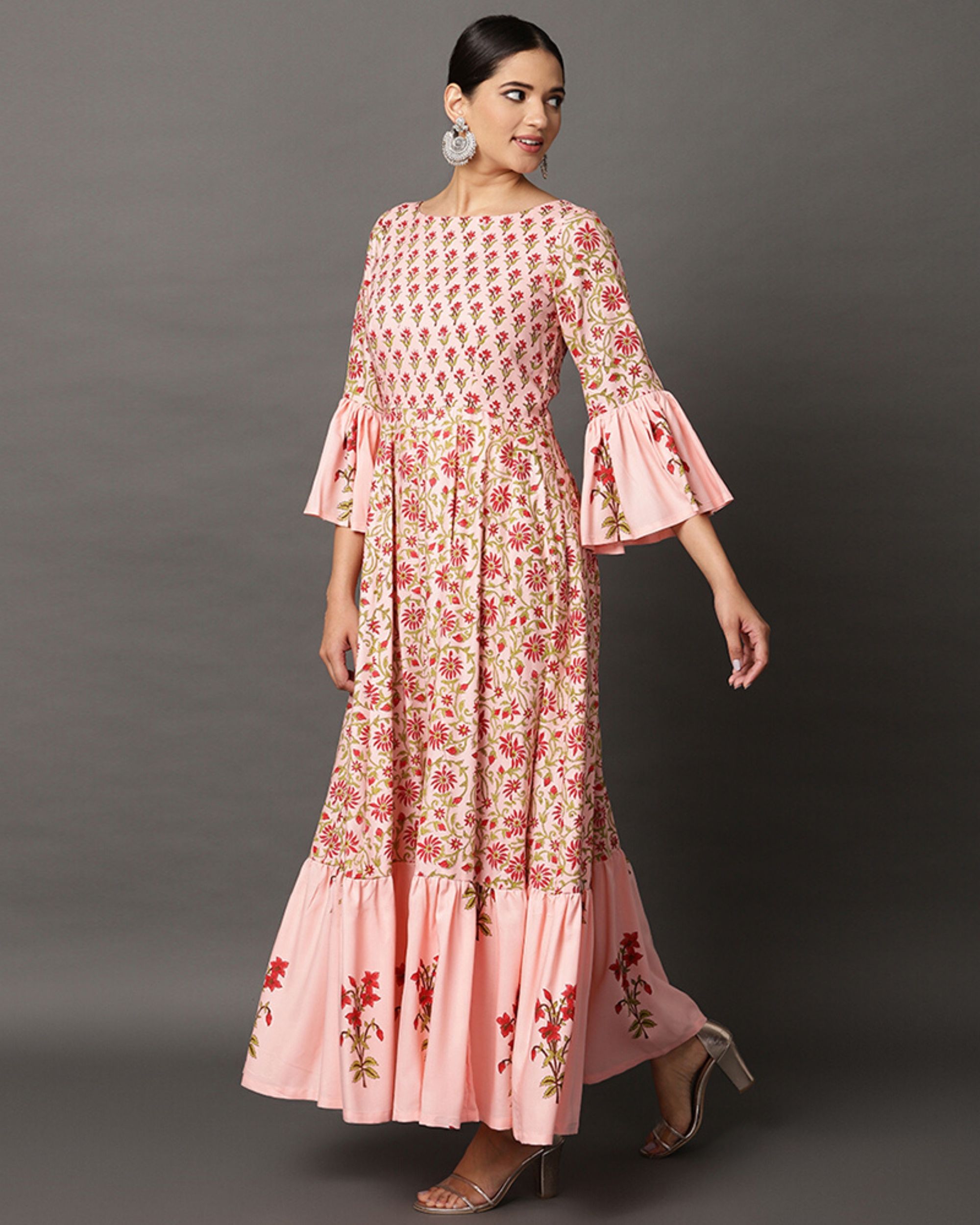 Peach tiered floral ruffled maxi dress by Rivaaj | The Secret Label