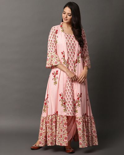 Peach floral kurta and dhoti pants with jacket set- Set Of Three by ...