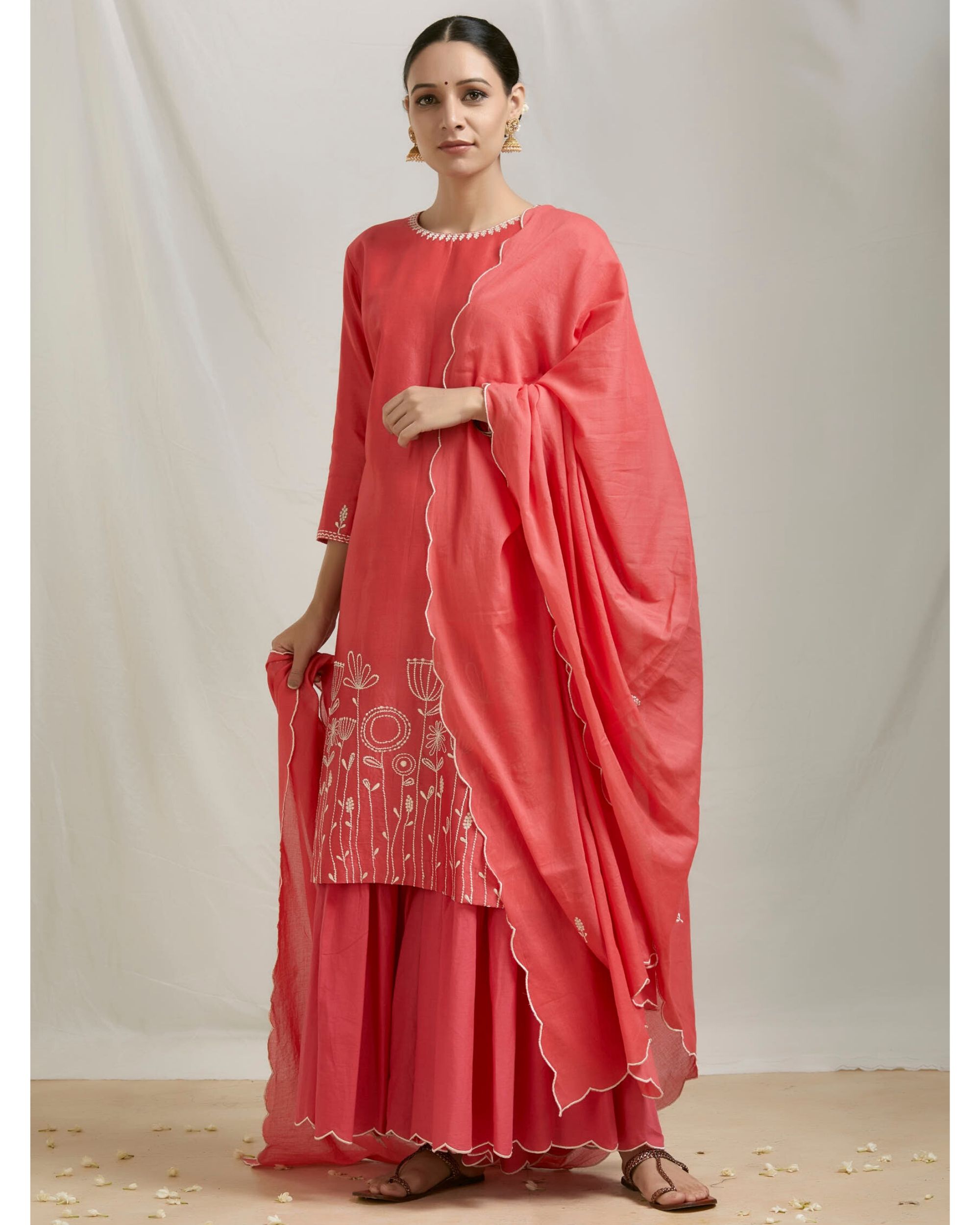 Coral pink floral embroidered kurta and sharara with dupatta- Set Of ...