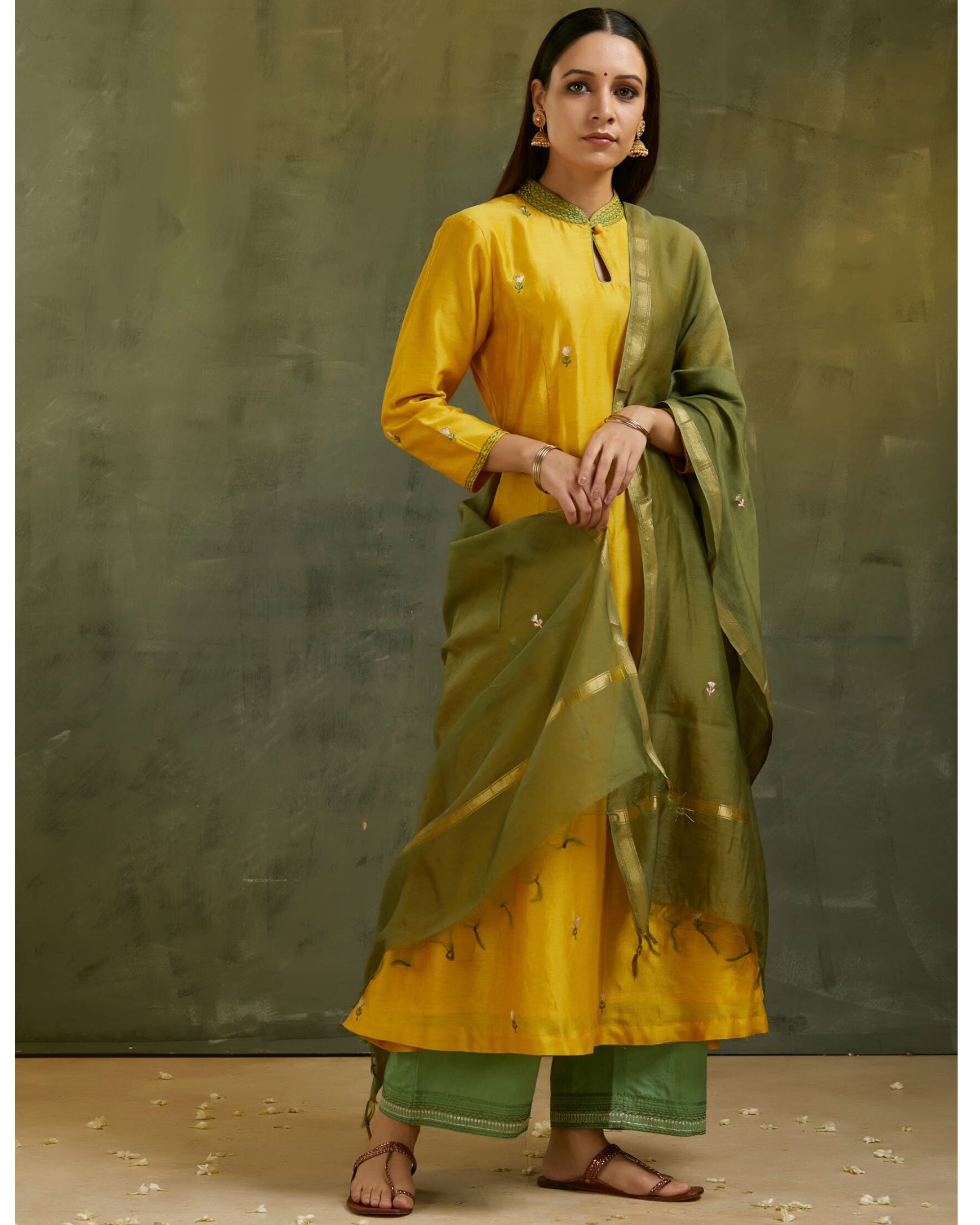 Mustard Yellow Floral Embroidered Kurta And Pants With Dupatta Set Of Three By Purple Panchi 3281