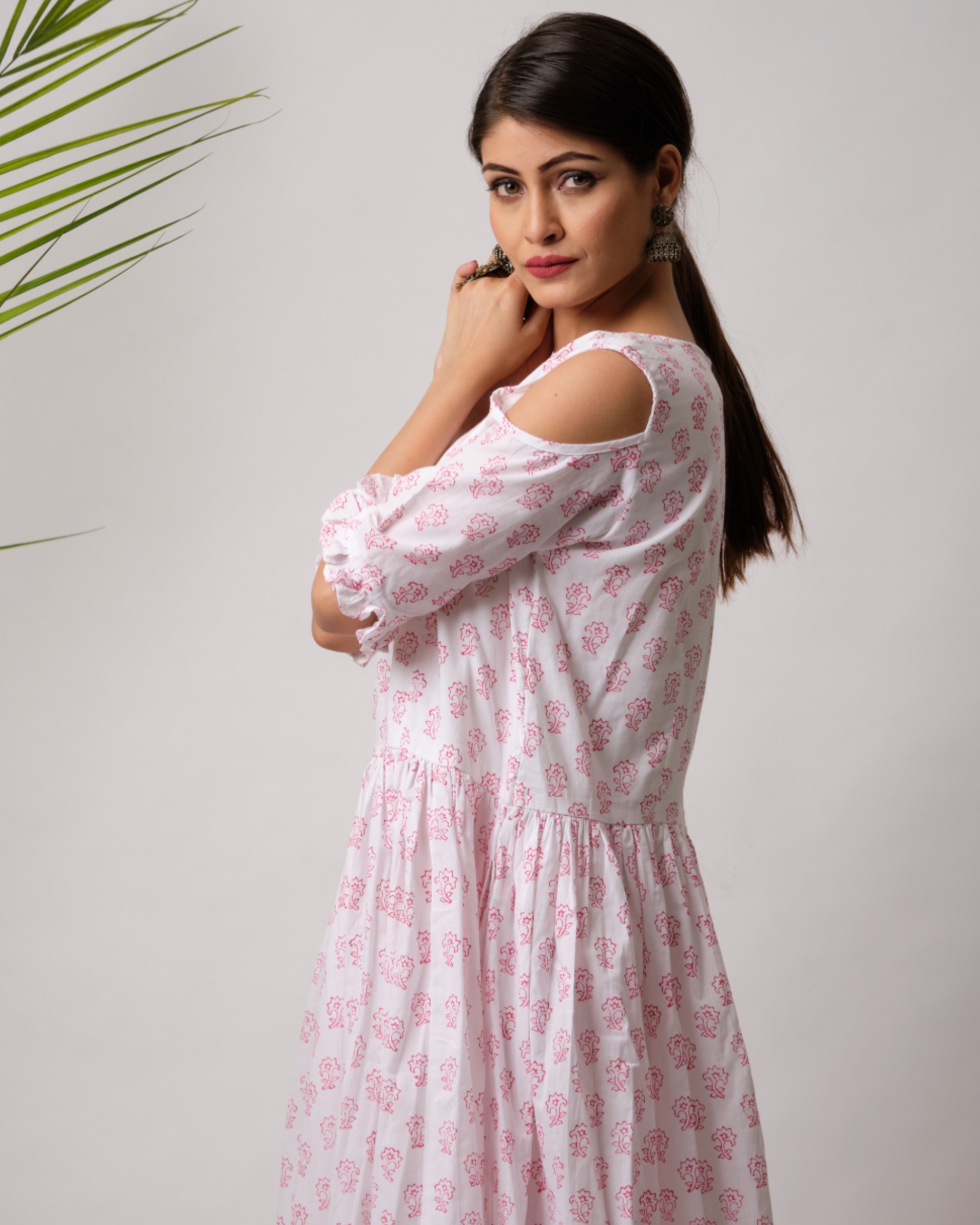 White and pink printed cold shoulder dress