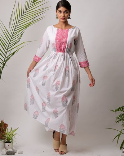 White and pink panel printed gathered dress by Free Living | The Secret ...