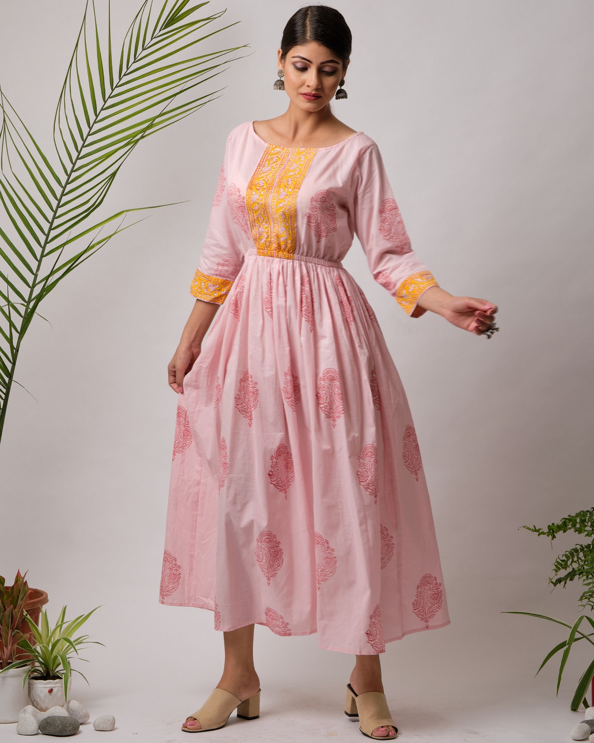 Pink and orange panel printed gathered dress by Free Living The