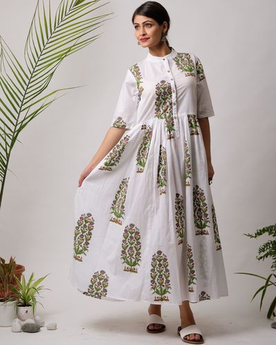 White and green floral buttoned dress by Free Living | The Secret Label