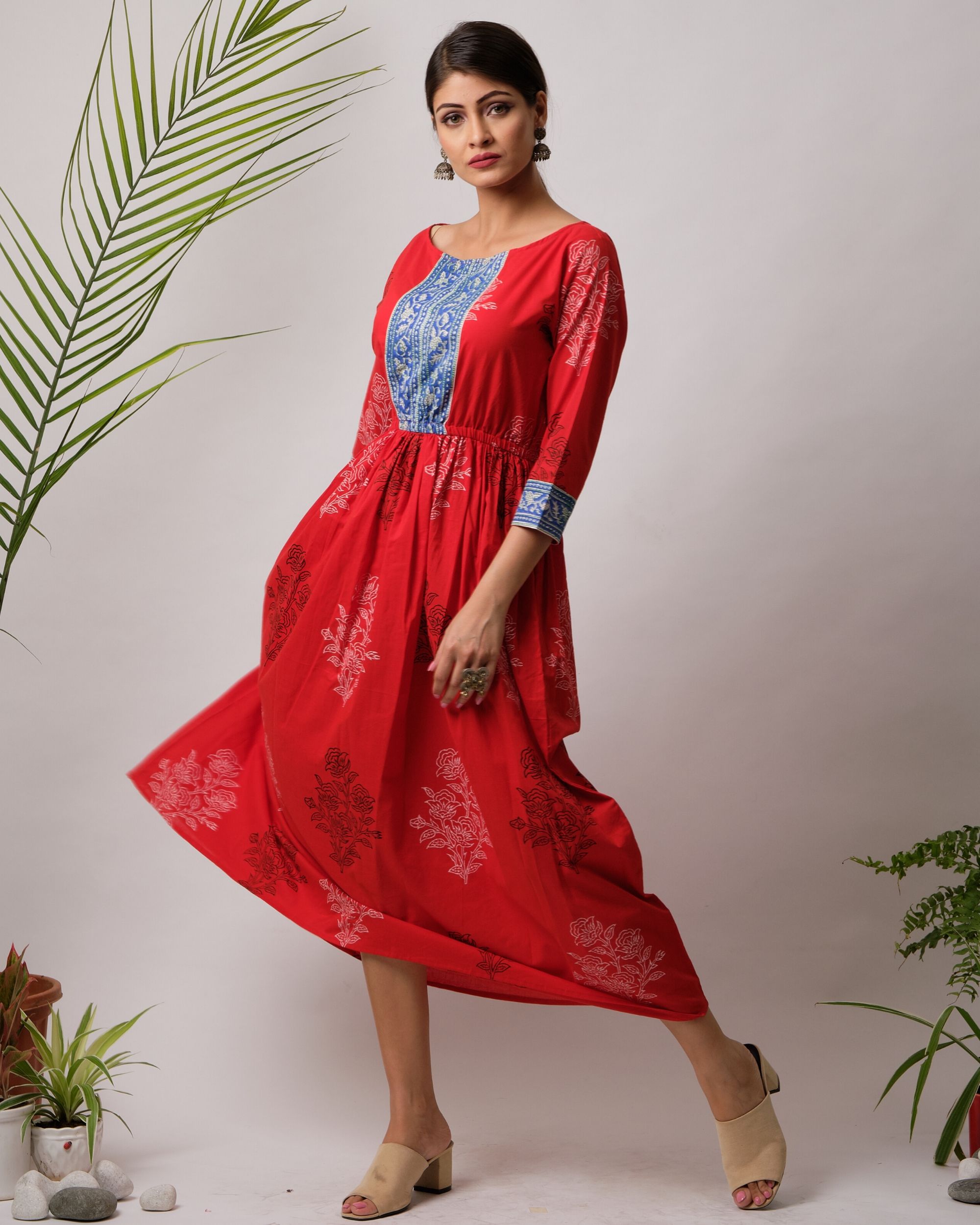 Red and blue panel printed gathered dress