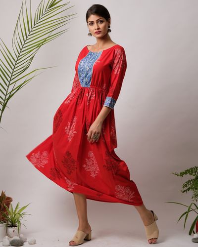 Red and blue panel printed gathered dress by Free Living | The Secret Label