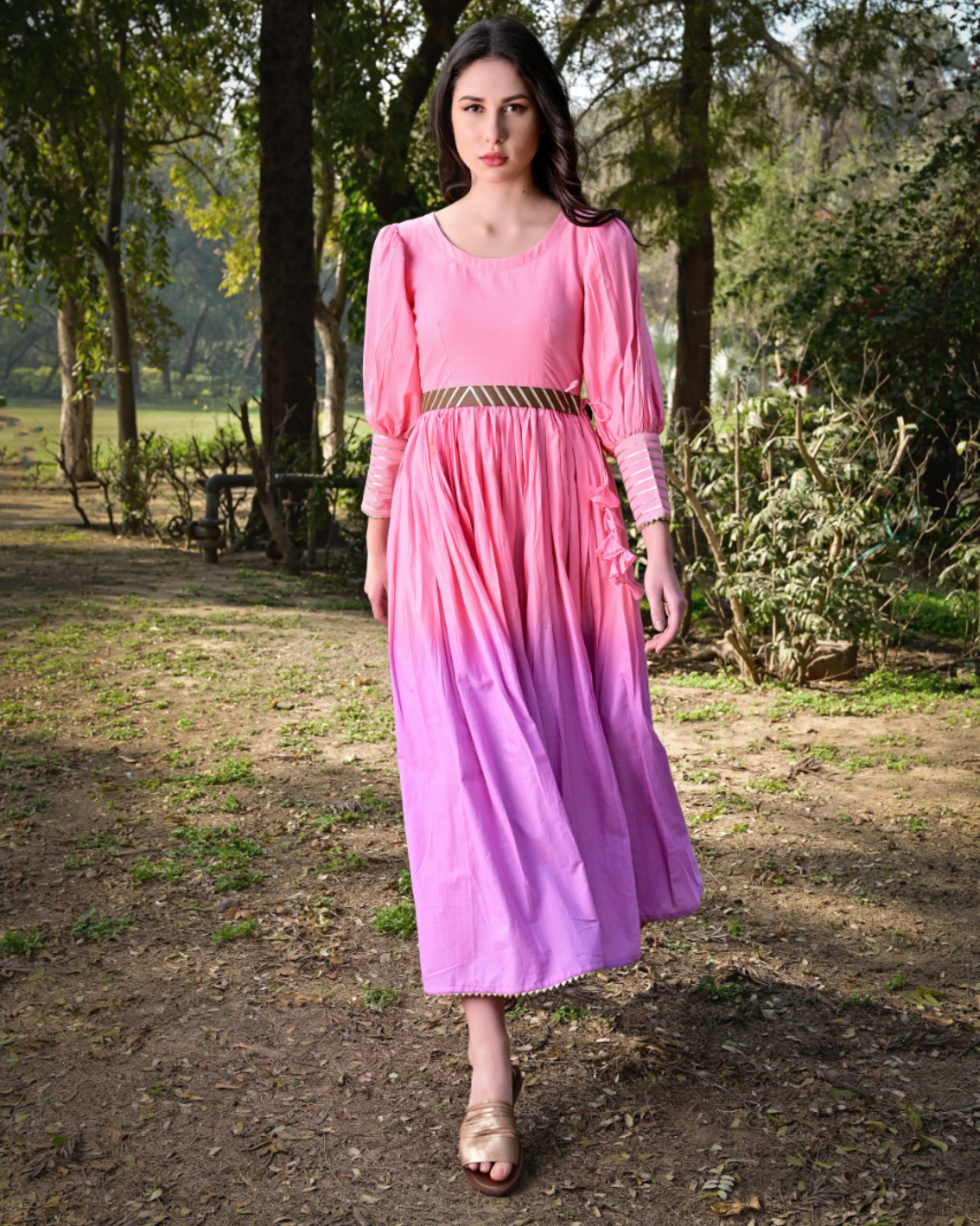 Pink and lavender ombre gathered maxi dress by Noor By Nikita Jain