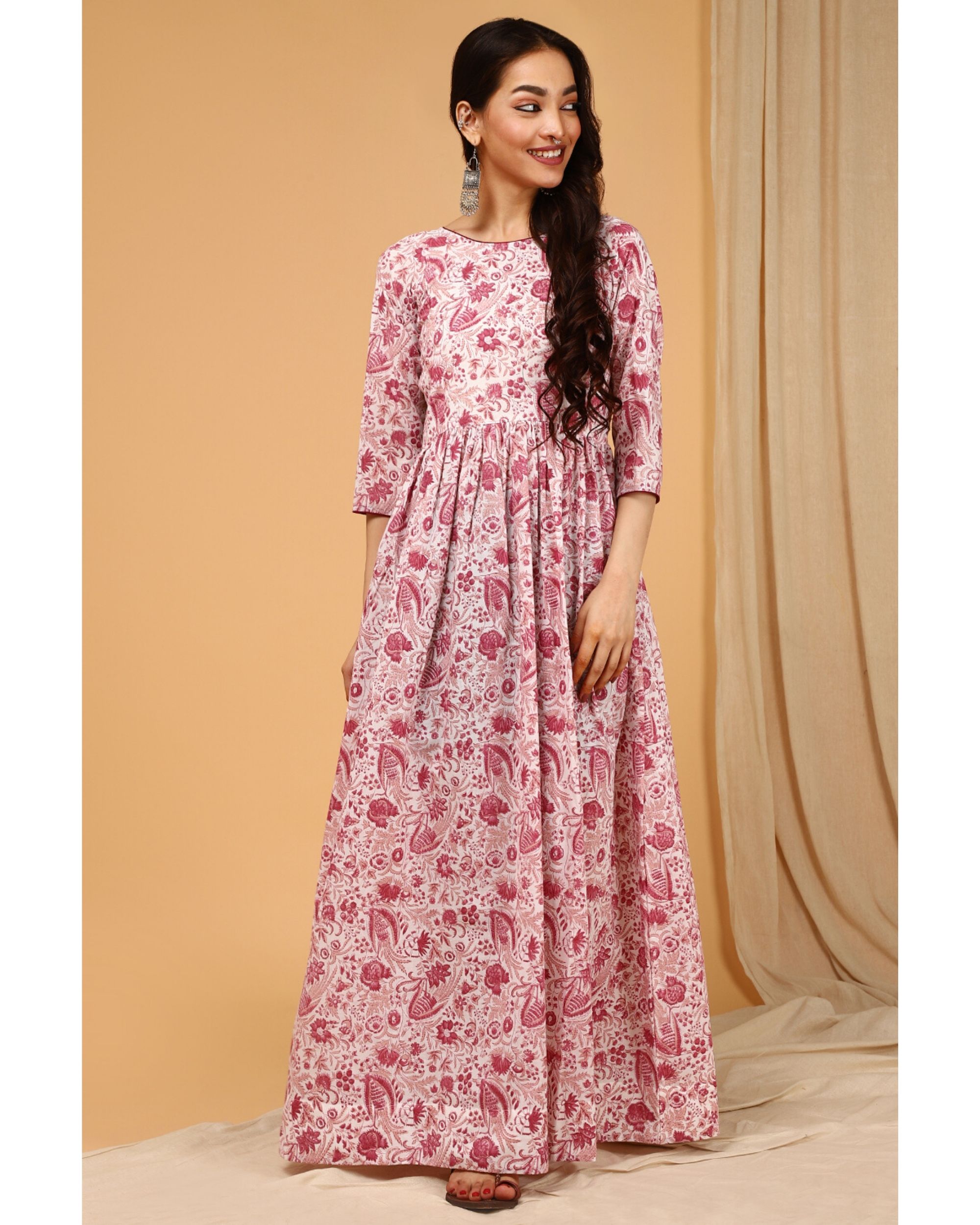 Pink floral gathered dress by Jaipuri Jazz | The Secret Label