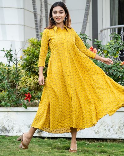 Yellow web embroidered collar dress by The Weave Story | The Secret Label