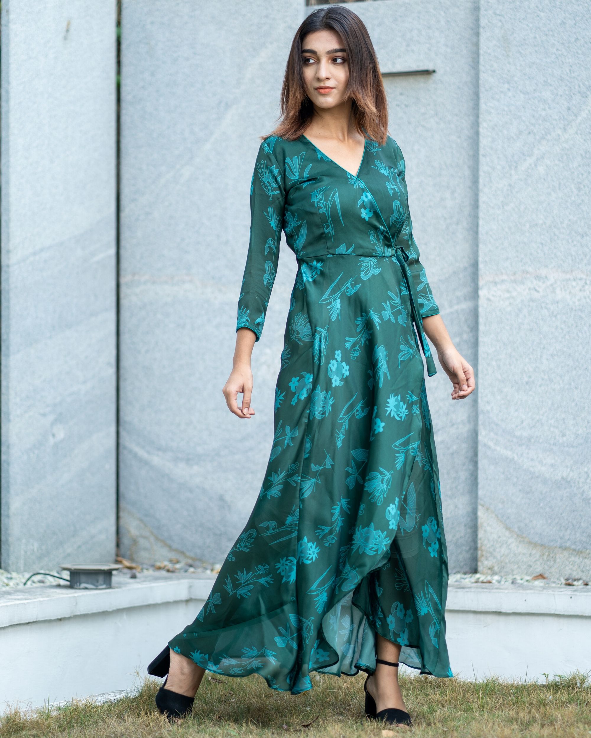 Bottle green printed wrap dress by The Weave Story | The Secret Label