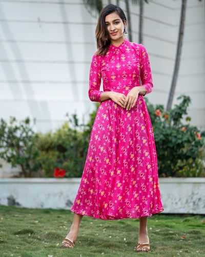 Magenta pink bandhani collar dress by The Weave Story | The Secret Label