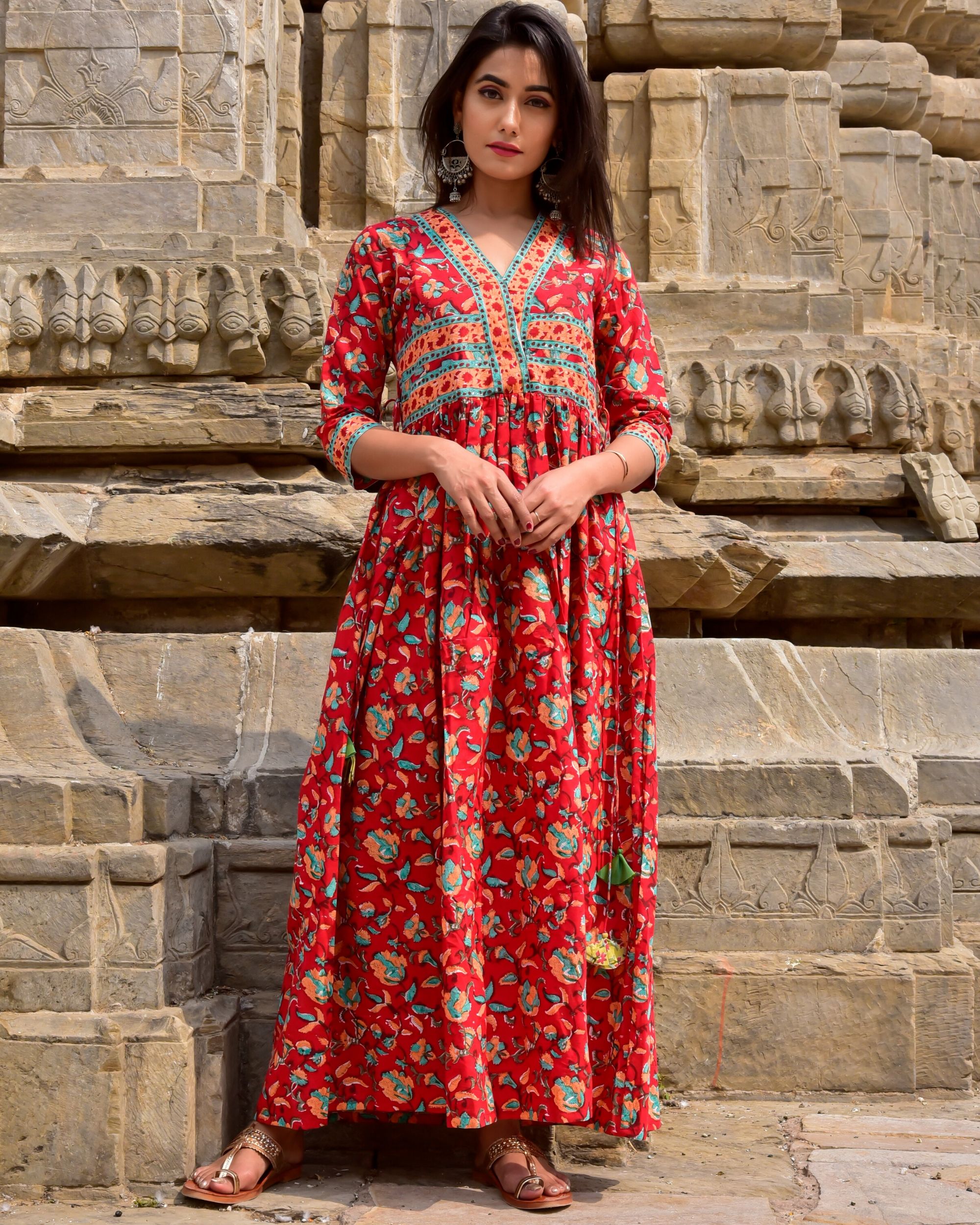 Red floral jaal dress by Kaaj | The Secret Label