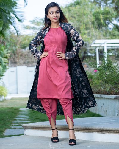Magenta pink kurta and dhoti pants with floral jacket set- Set Of Three ...