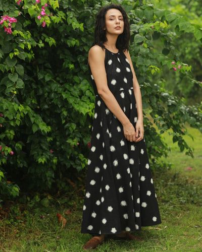 Black polka double ikat cotton dress by Indigo Dreams The Secret