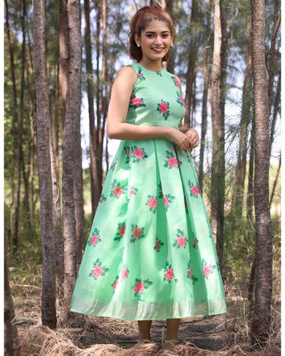 Sea green pleated floral midi dress by The Anarkali Shop The Secret Label