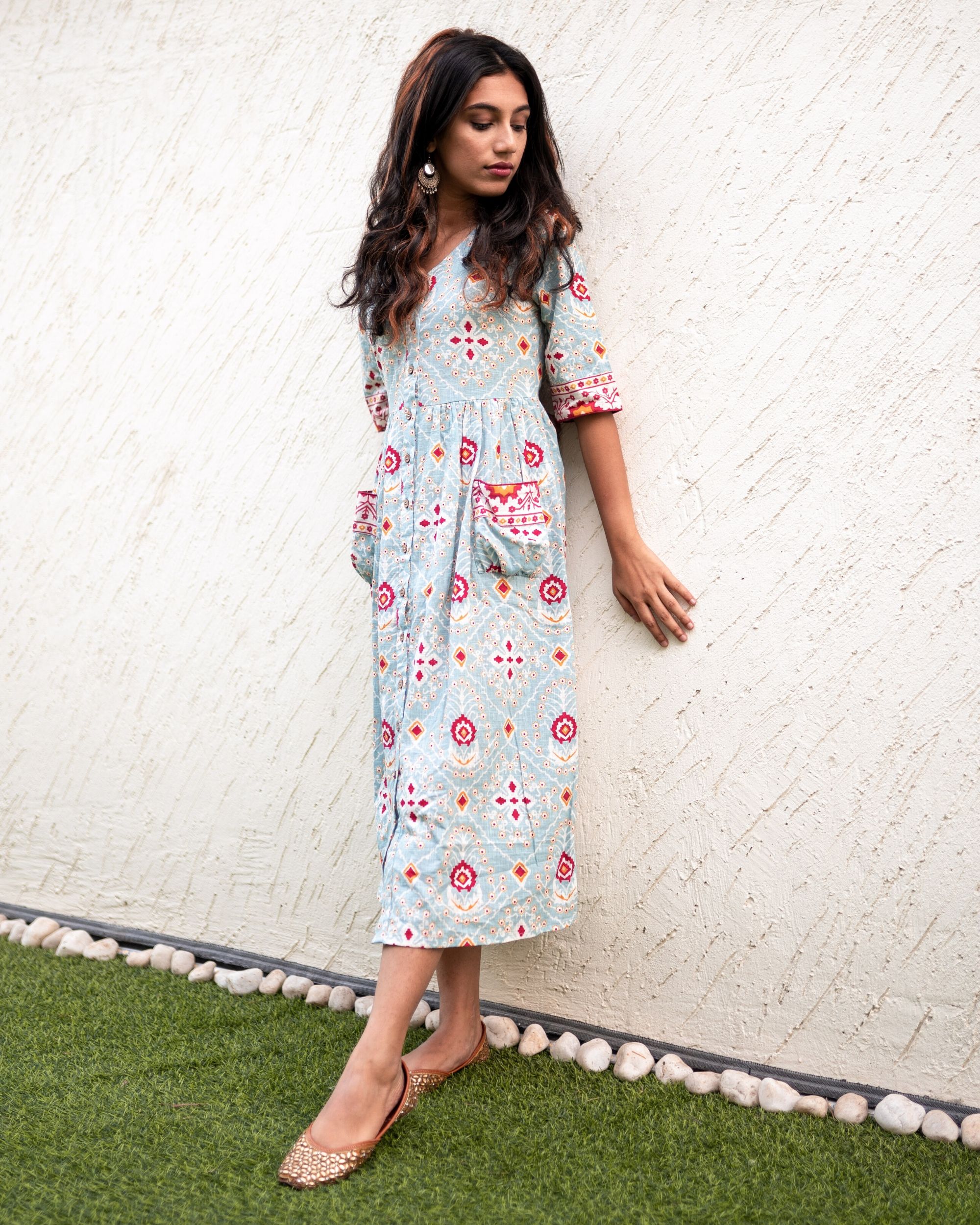 Light blue printed front open dress with patch pockets