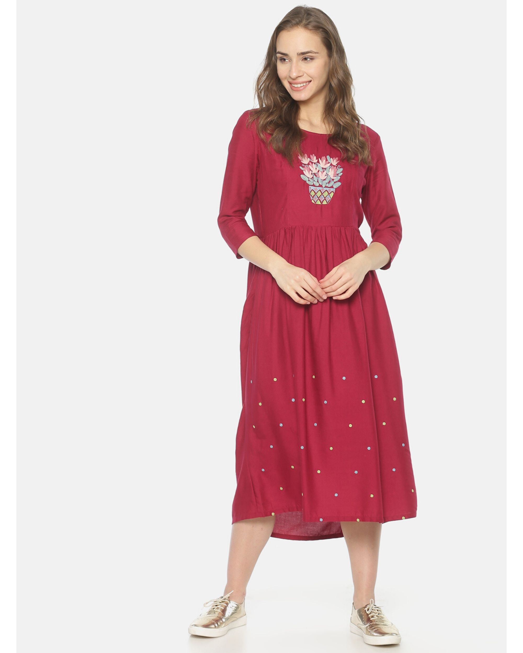 Maroon embroidered yoke dress by UNTUNG | The Secret Label