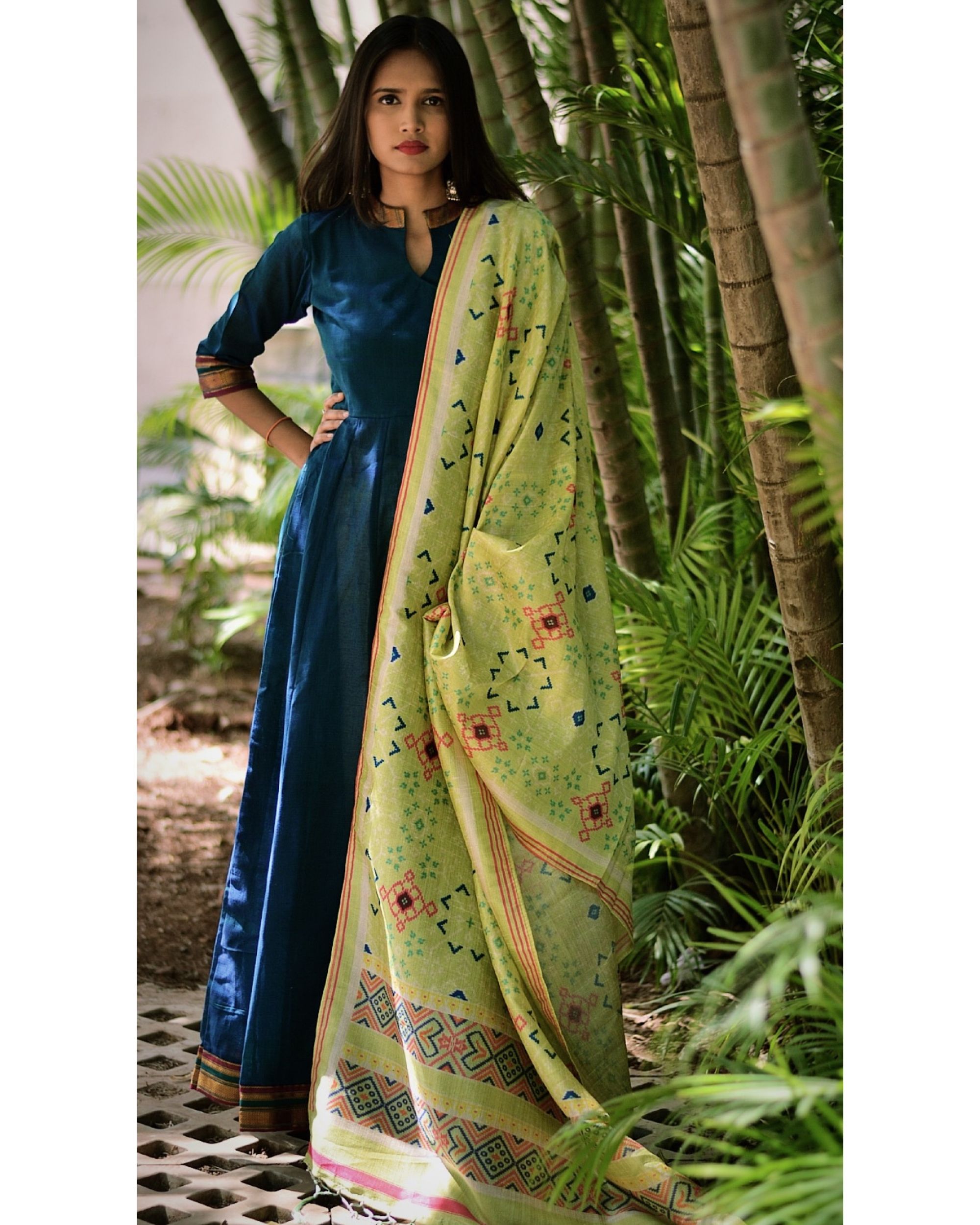 Navy blue pleated dress with green dupatta- Set Of Two by Tie & Dye ...