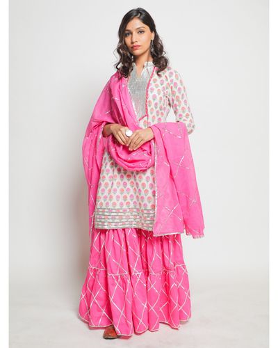 White and pink gota kurta and sharara with dupatta- Set Of Three by ...