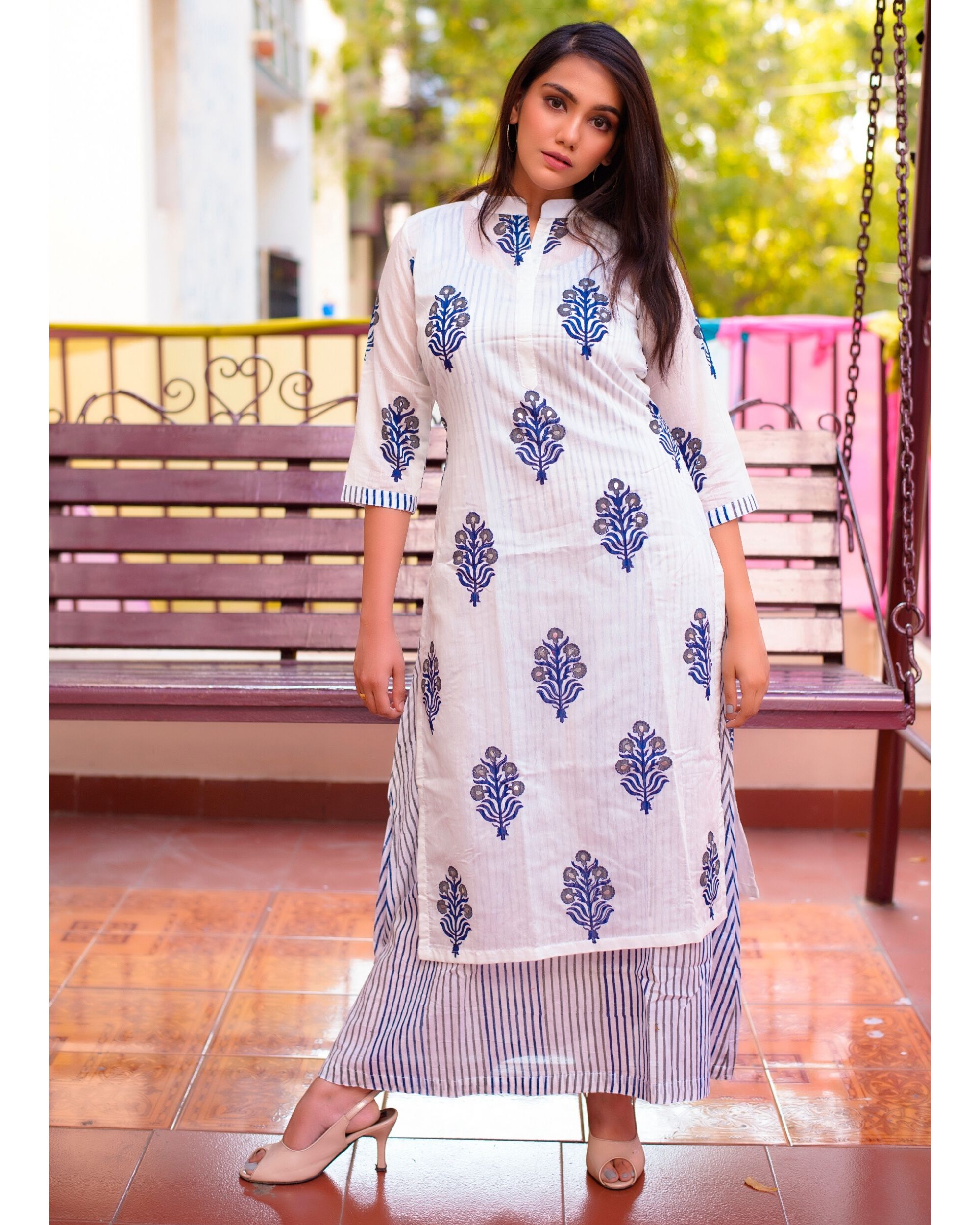Blue and white floral printed layered kurta- Set Of Two by Label Hina ...