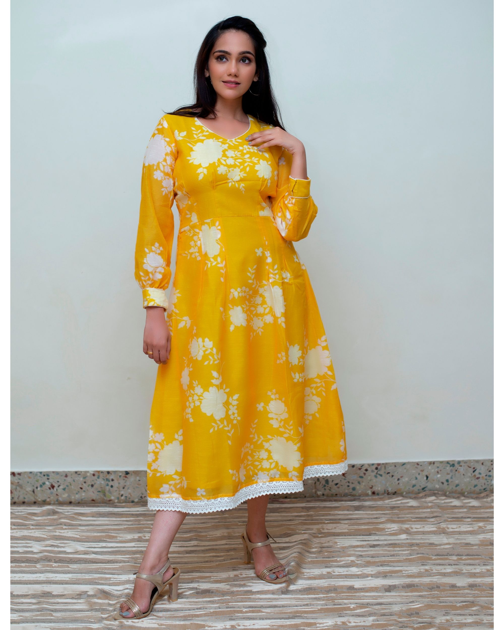Yellow floral balloon sleeve dress by Label Hina Jain | The Secret Label