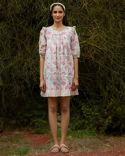 White and pink floral balloon sleeve dress by Ekanya | The Secret Label