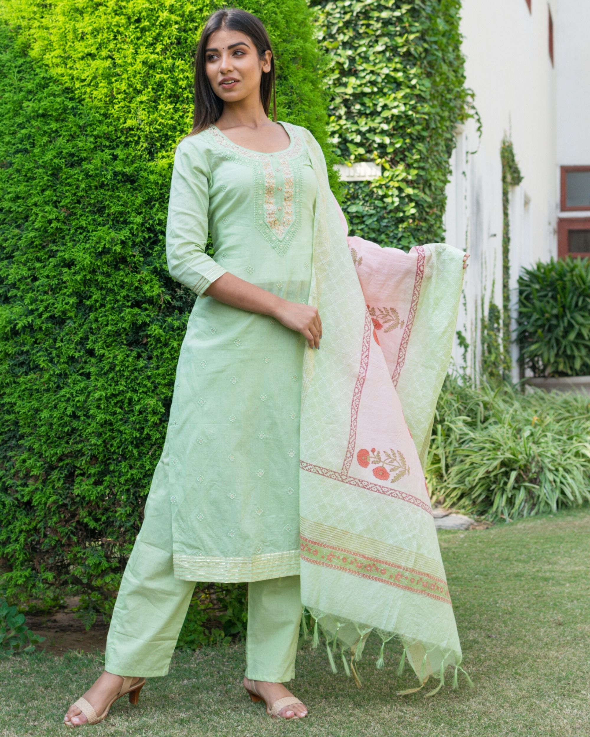 Light green embroidered kurta and pants with printed dupatta- Set Of Three  by Siddhi Creation