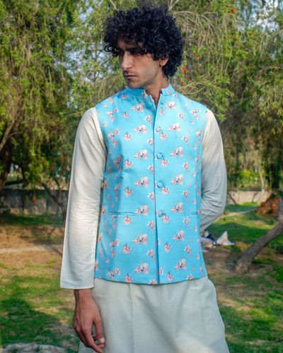 Buy Veera Paridhaan Men Denim Designer Chinese Collar Nehru Jacket (Blue,  Small-36) at Amazon.in