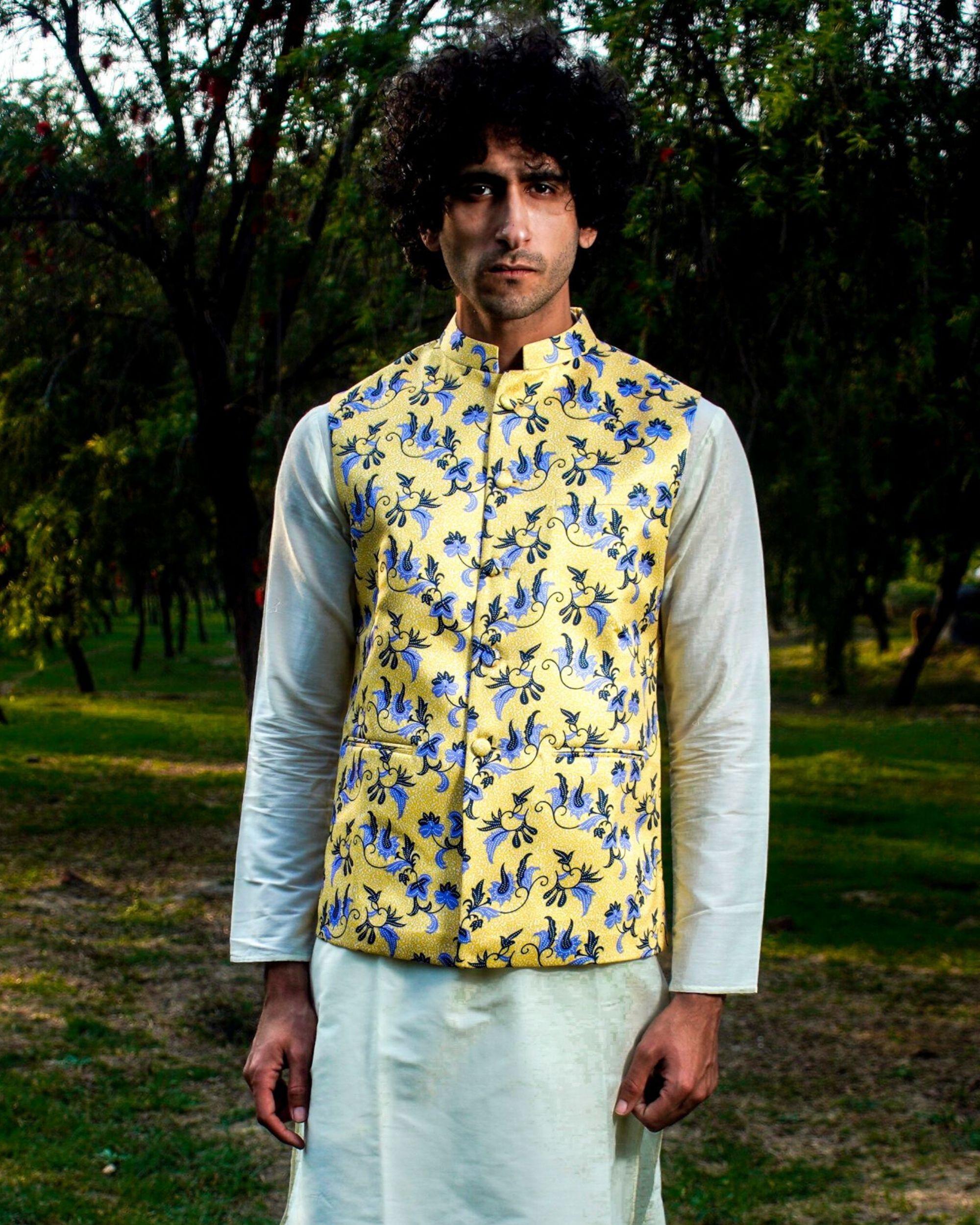 Yellow floral printed nehru jacket