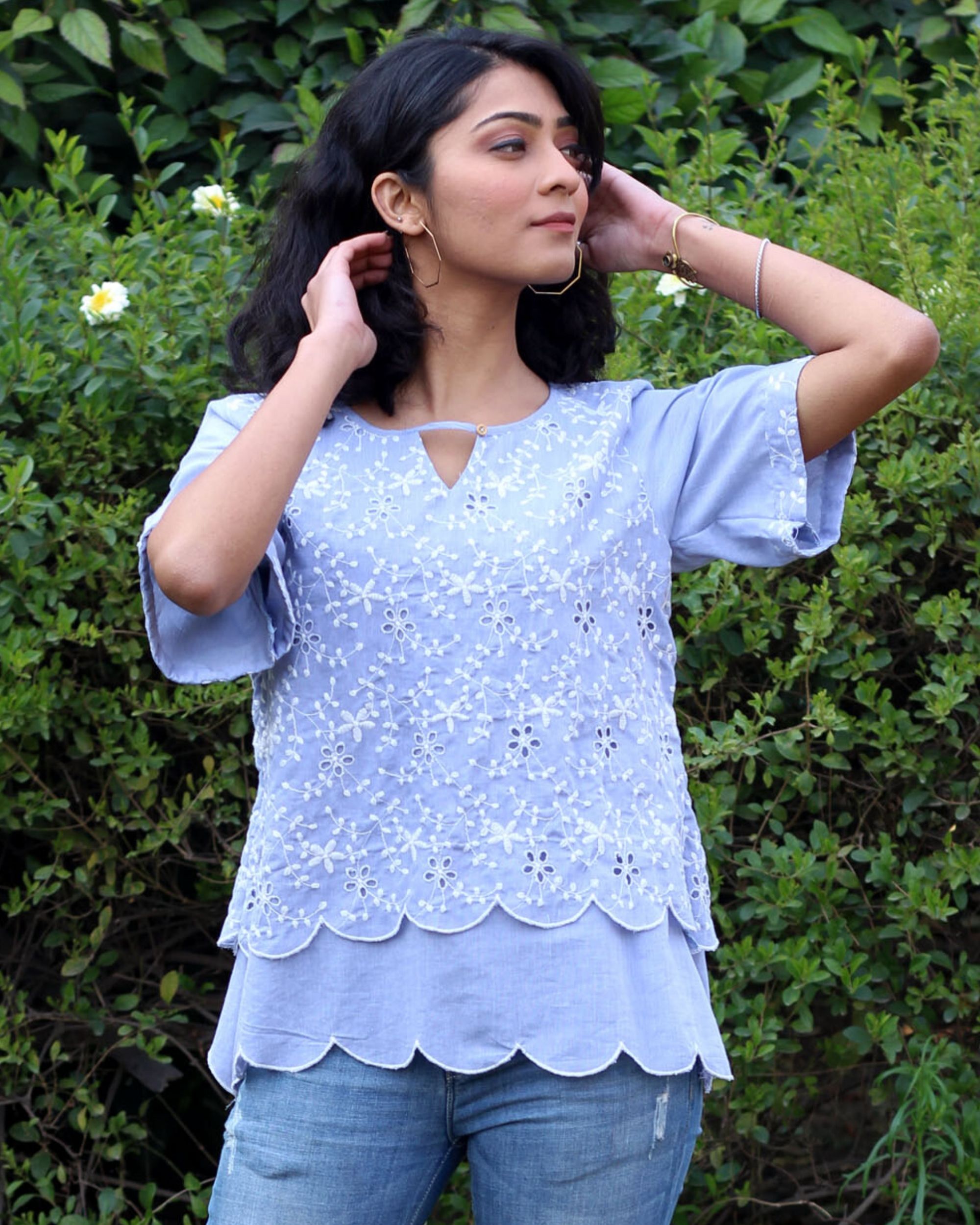 Ice blue floral cutwork layered top
