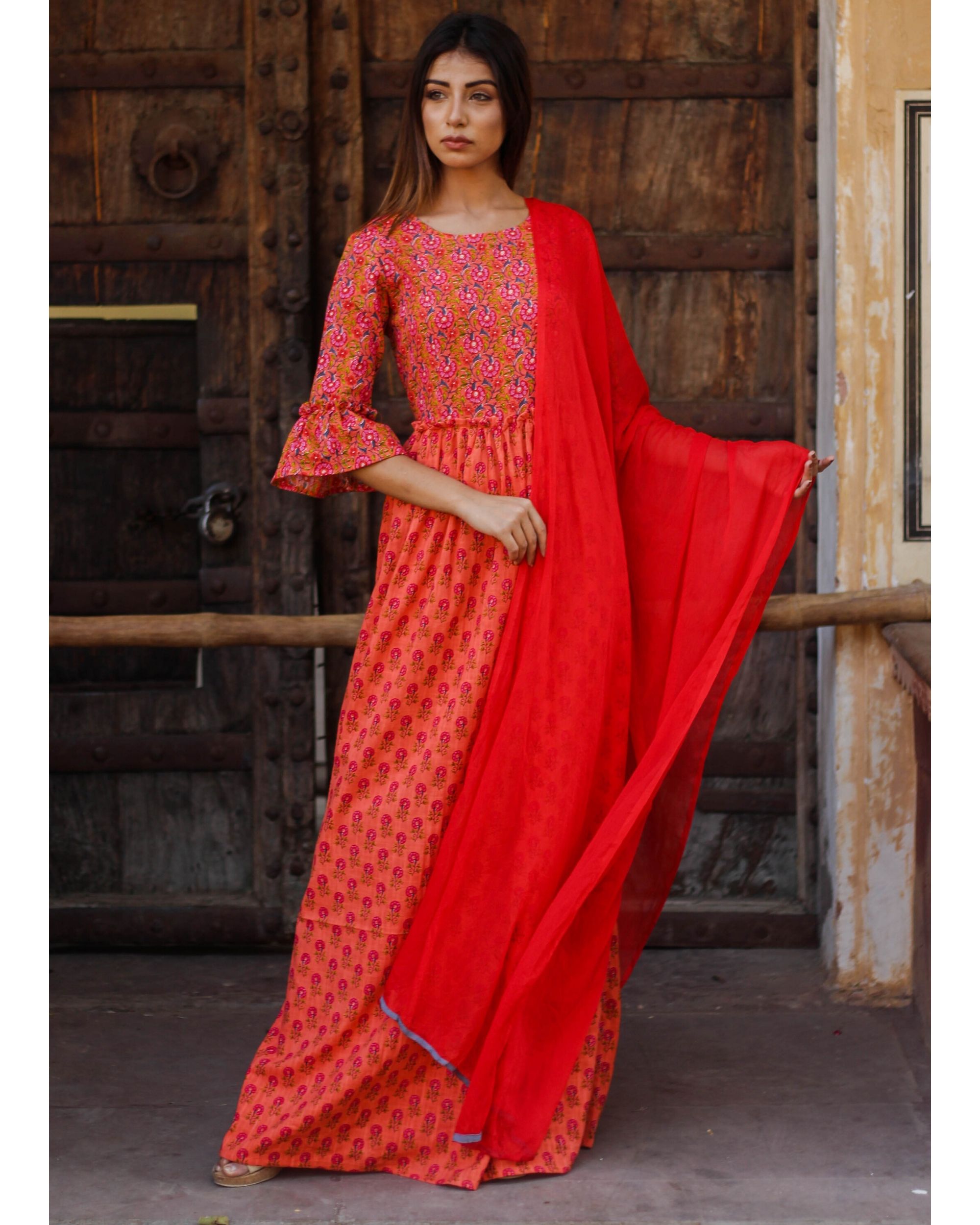 Orange floral printed ruffle dress by Amari Jaipur | The Secret Label
