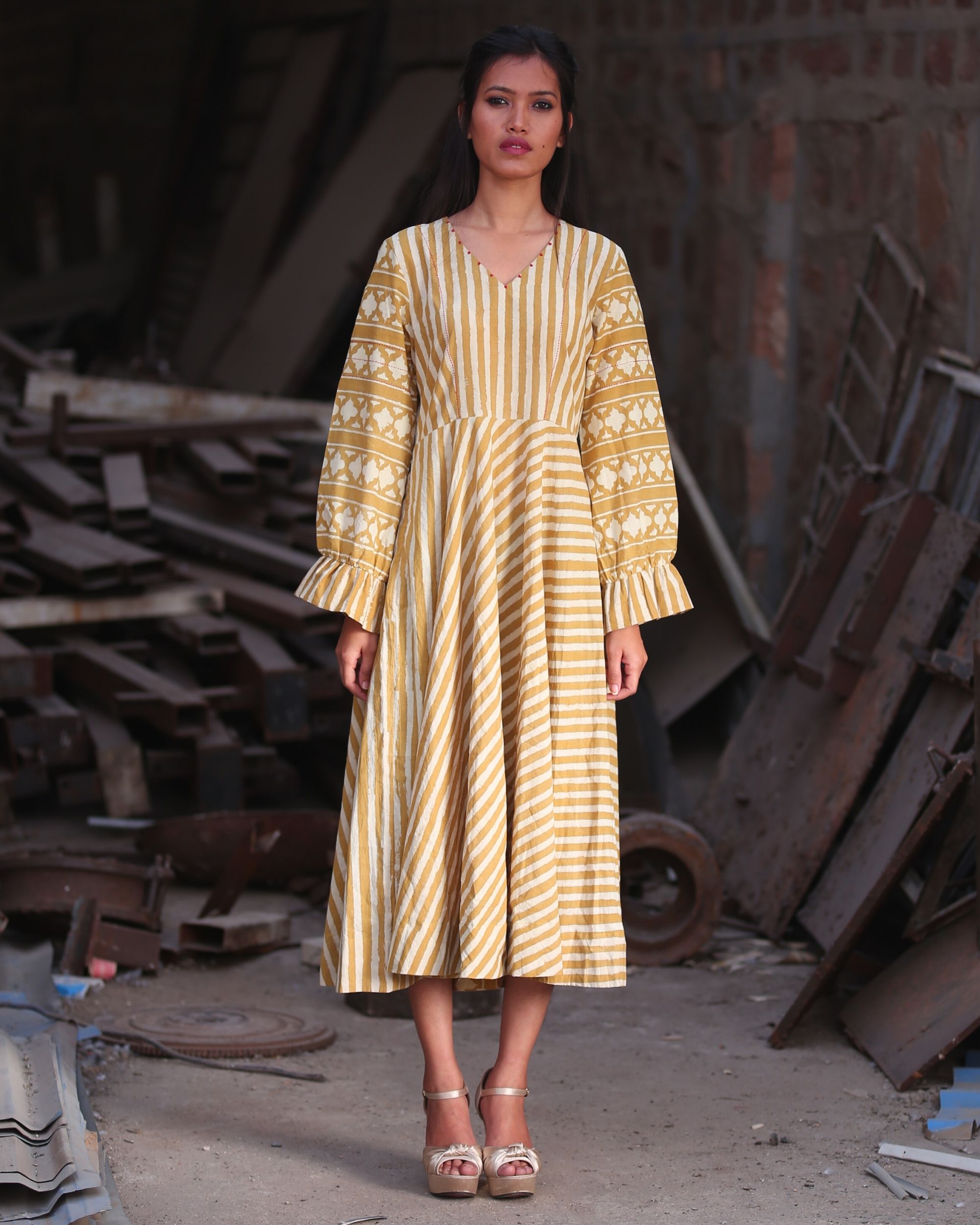 Mustard yellow striped umbrella dress by Medhya | The Secret Label