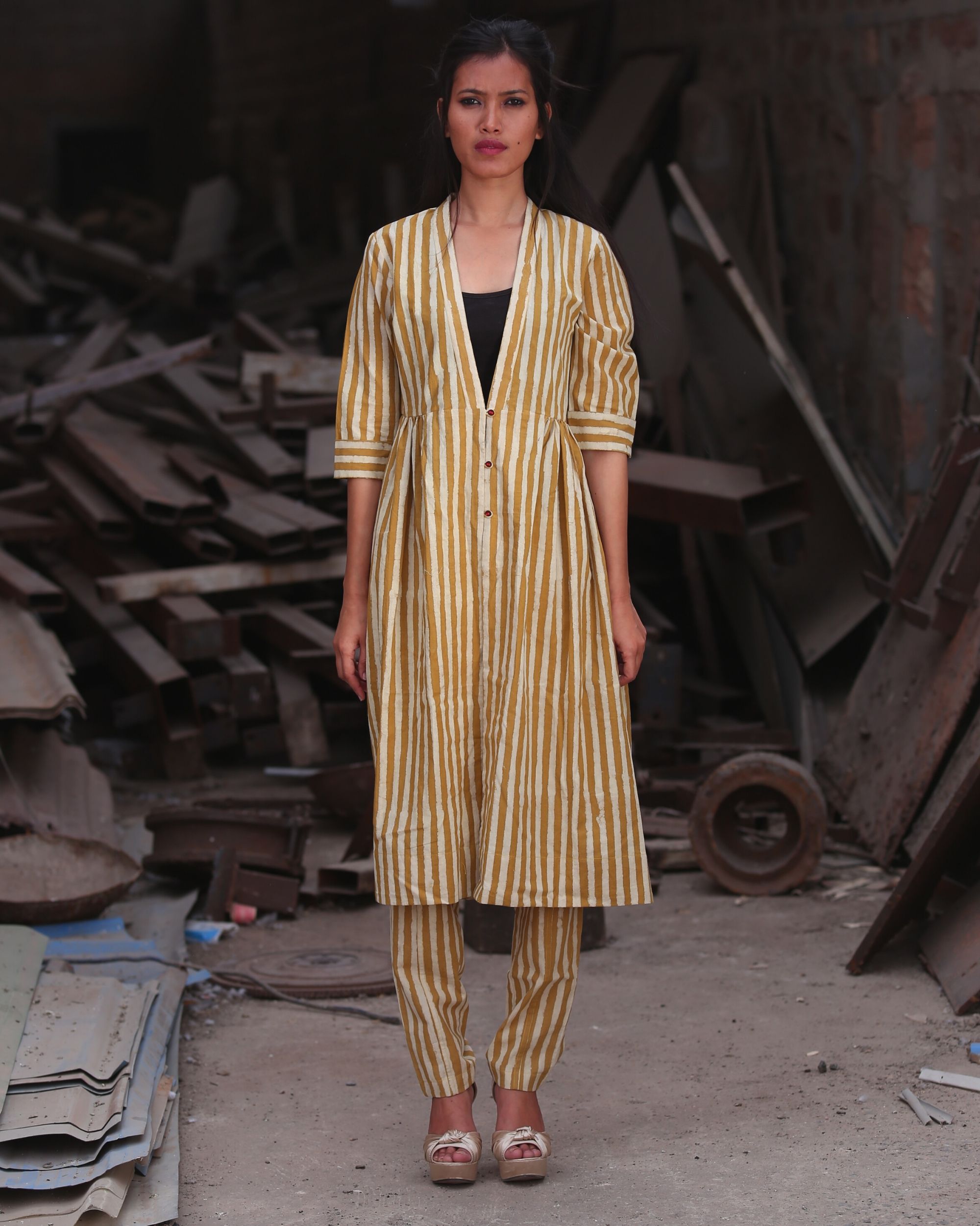 Mustard yellow striped cover up by Medhya The Secret Label