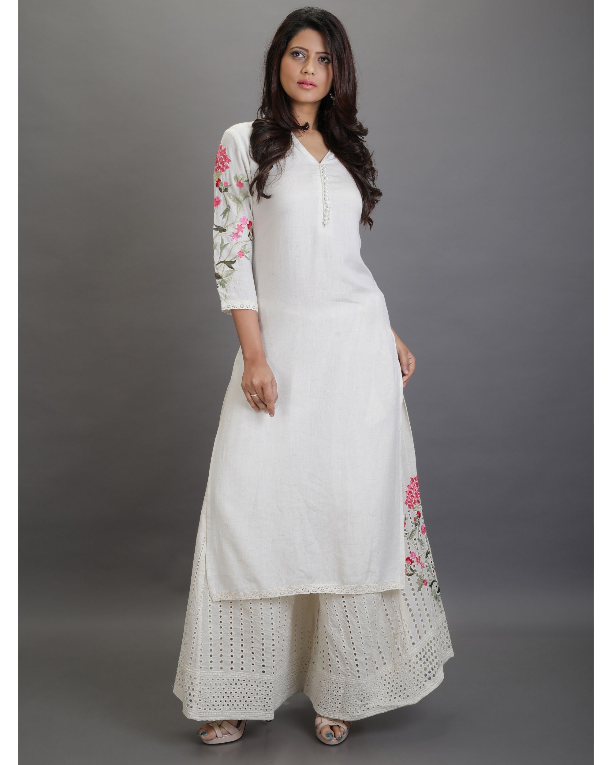 Off white floral lace kurta with cutwork palazzo- Set Of Two
