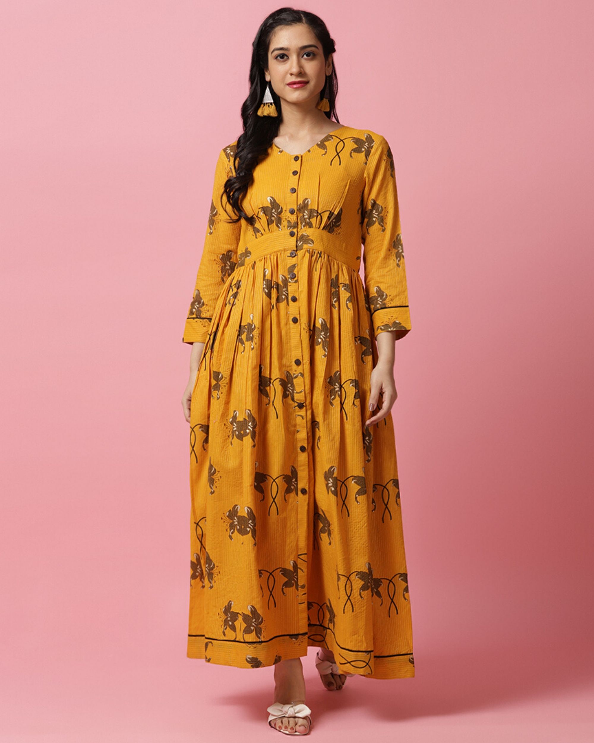Mustard yellow kantha button down maxi dress by Rivaaj | The Secret Label