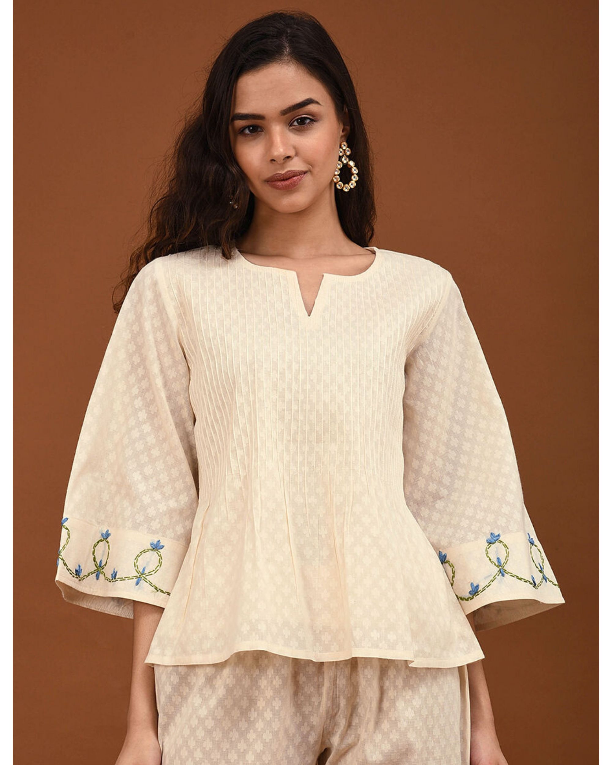 Off white hand embroidered bell sleeve top by D'ART STUDIO