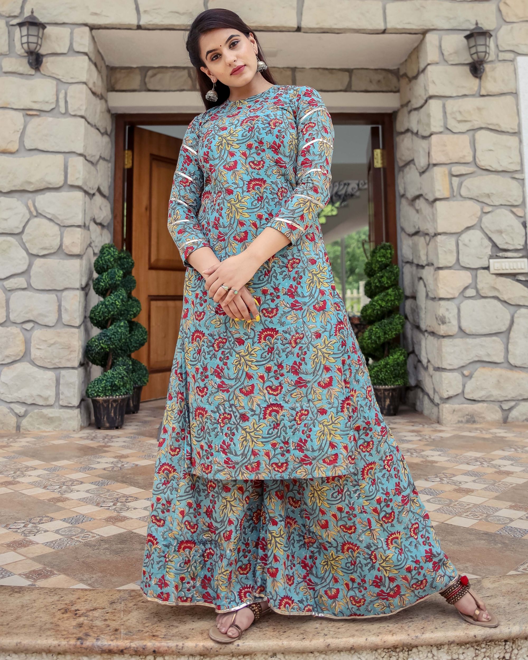 Blue floral printed kurta and flared palazzo- Set Of Two by Ambraee ...