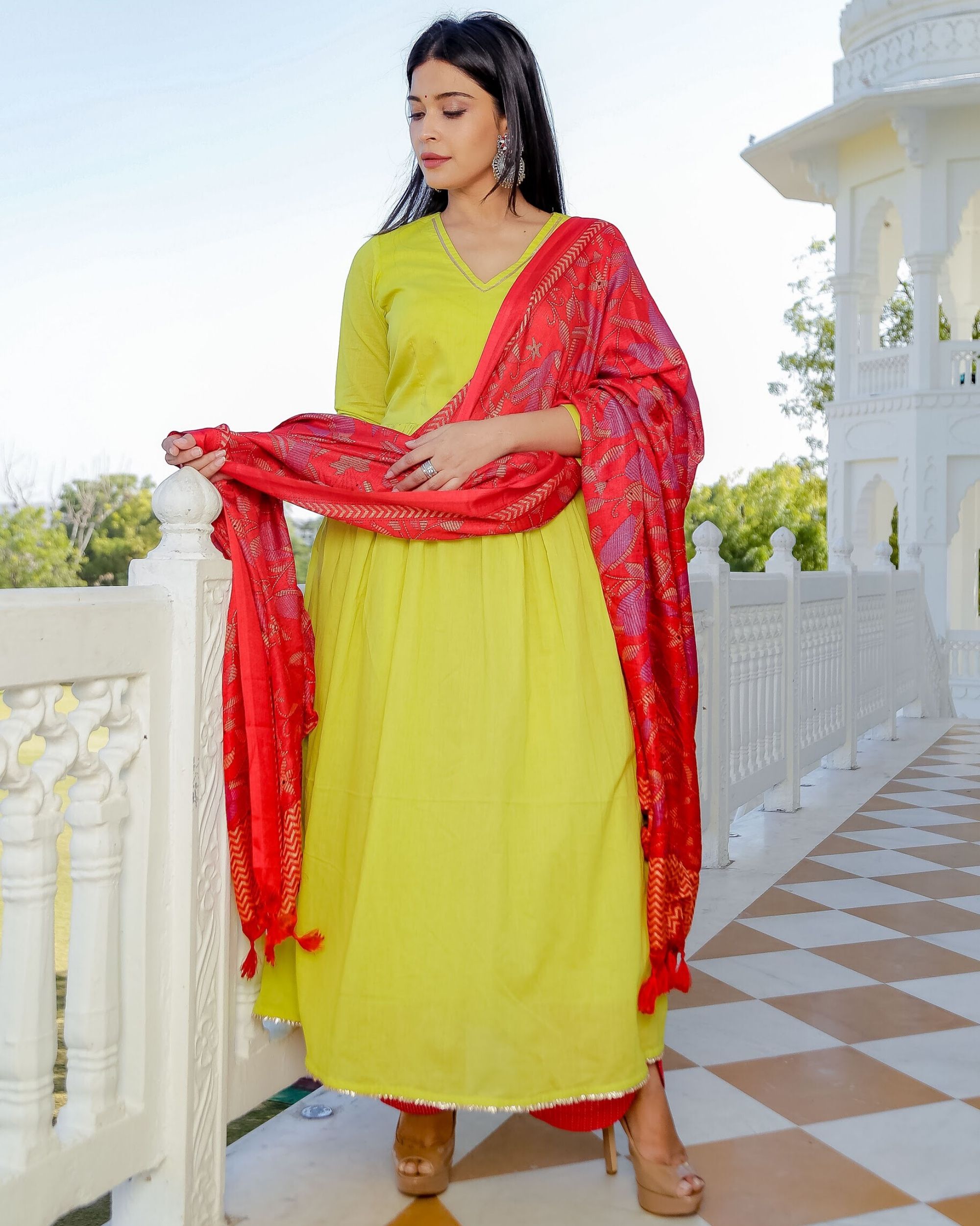 Lime yellow gota kurta and pants with dupatta Set Of Three by Ambraee