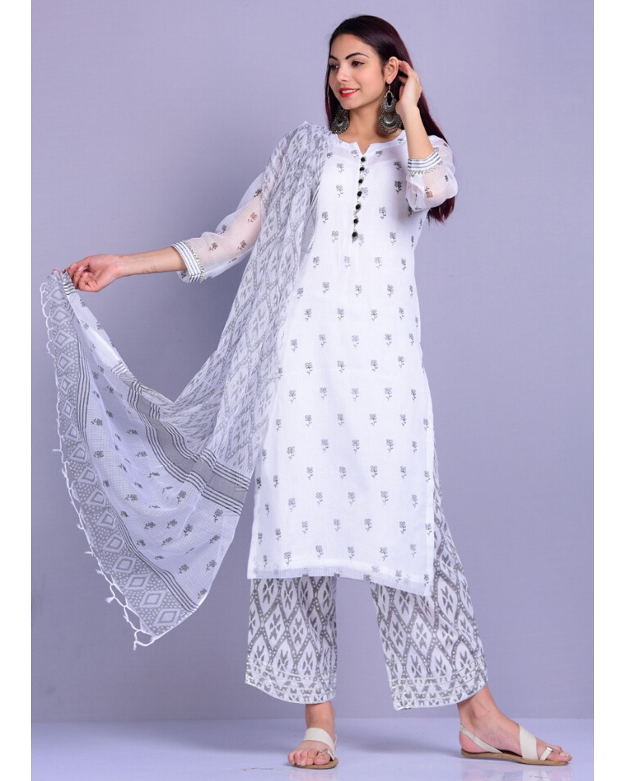 White And Grey Kota Doria Kurta And Palazzo With Dupatta Set Of Three By Kiswah Clothing The