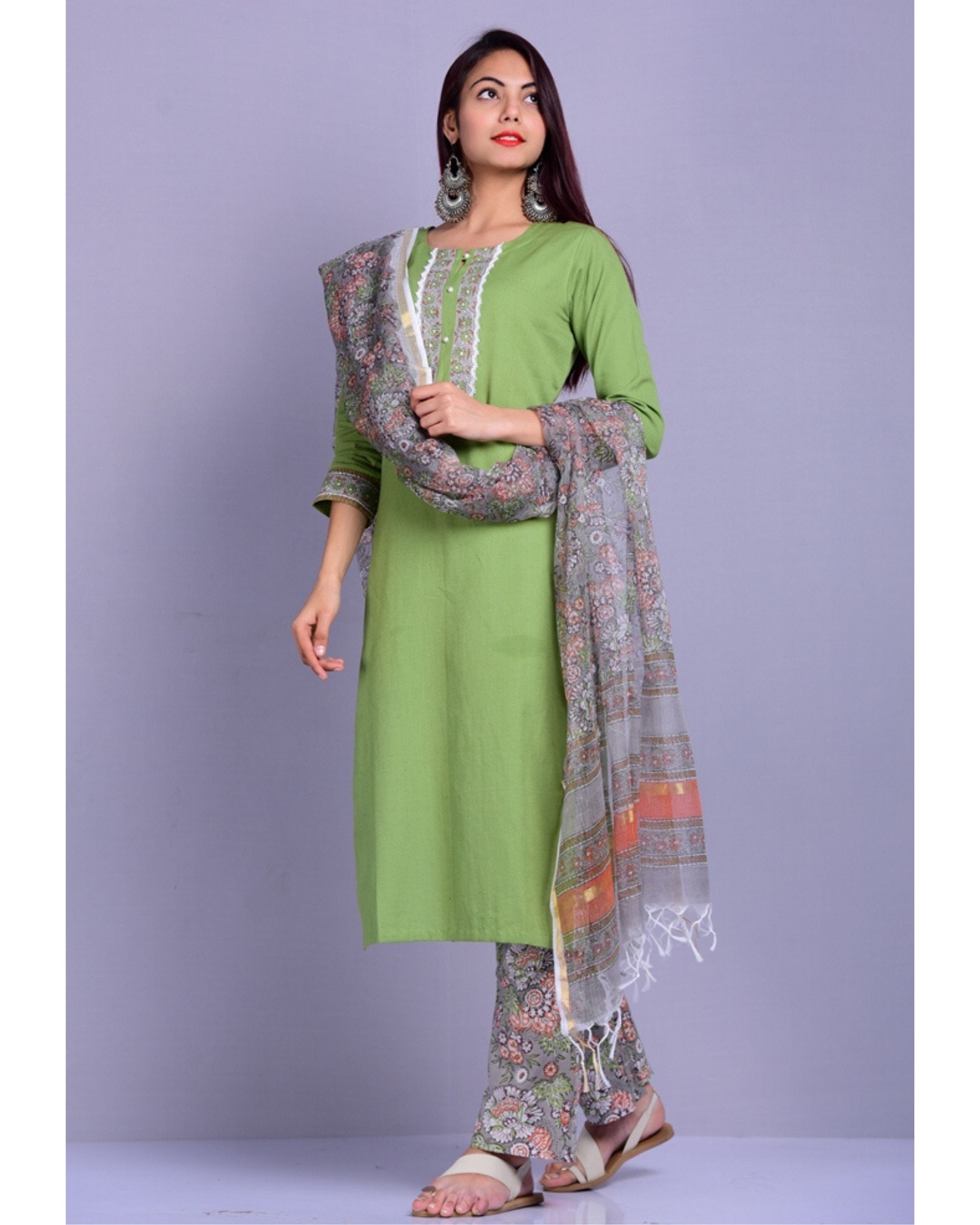 Green printed kurta and palazzo with dupatta Set Of Three by Kiswah Clothing The Secret Label