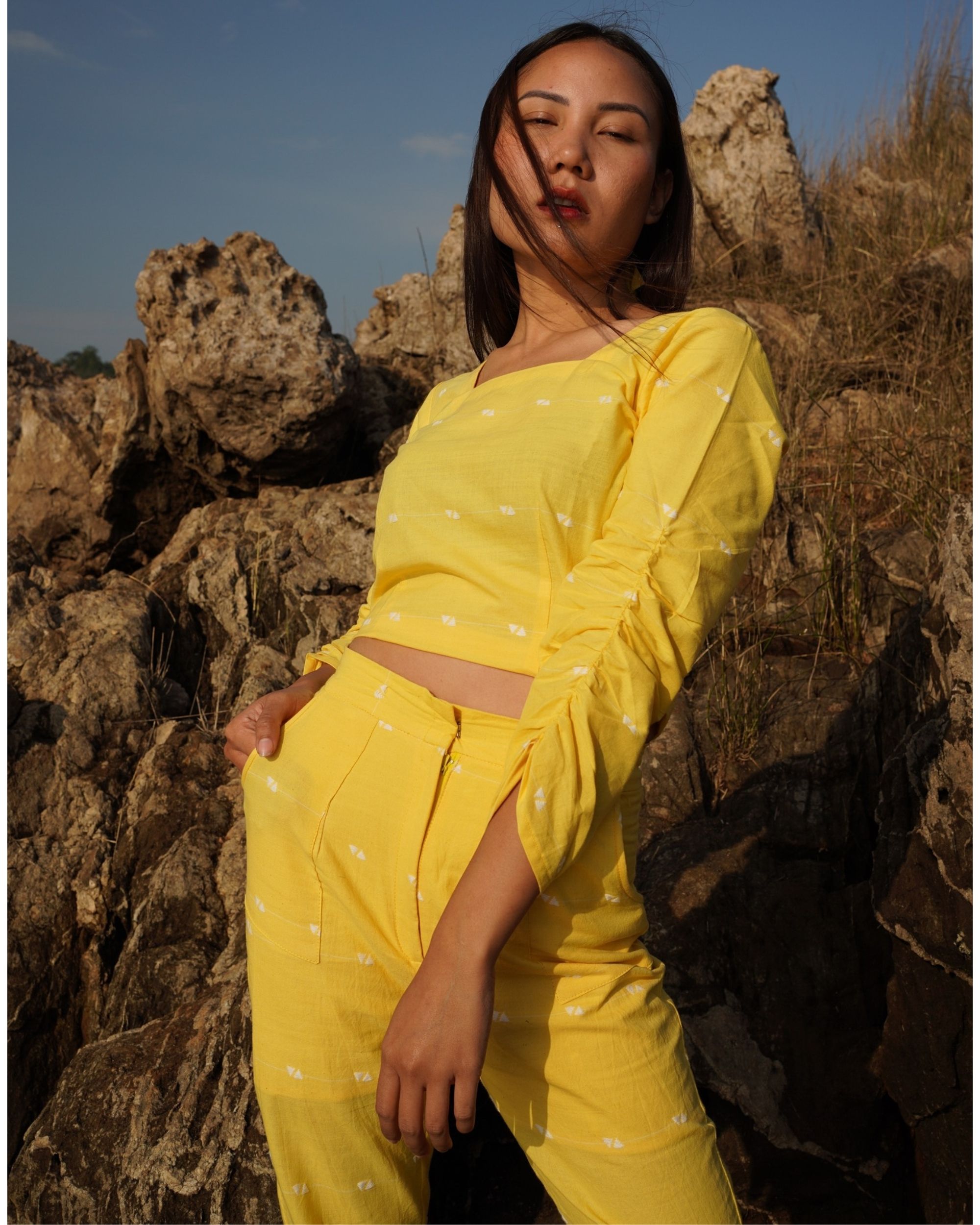 Yellow gathered crop top by Amoh By Aanchal The Secret Label