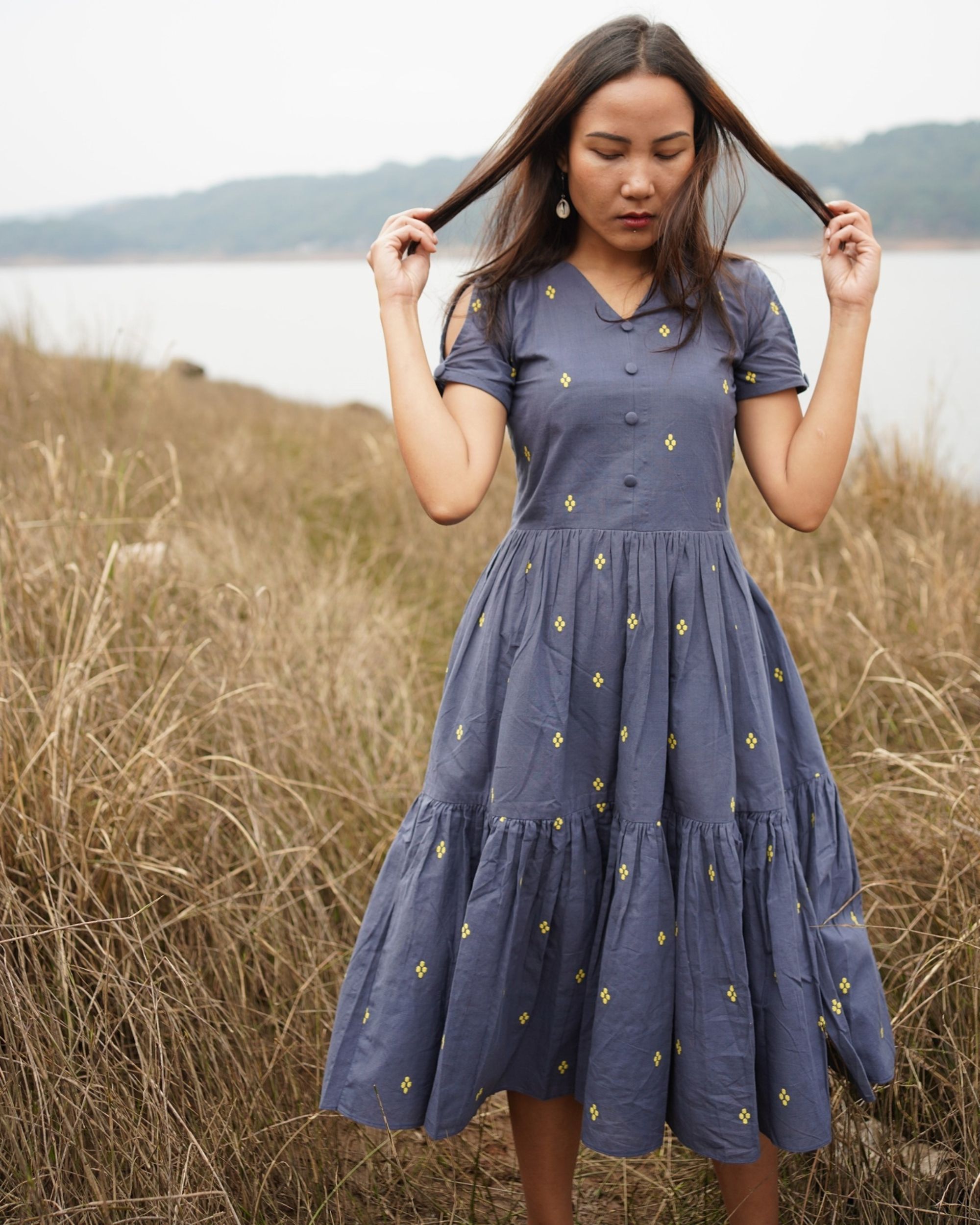 Blue floral gathered dress by Amoh By Aanchal | The Secret Label