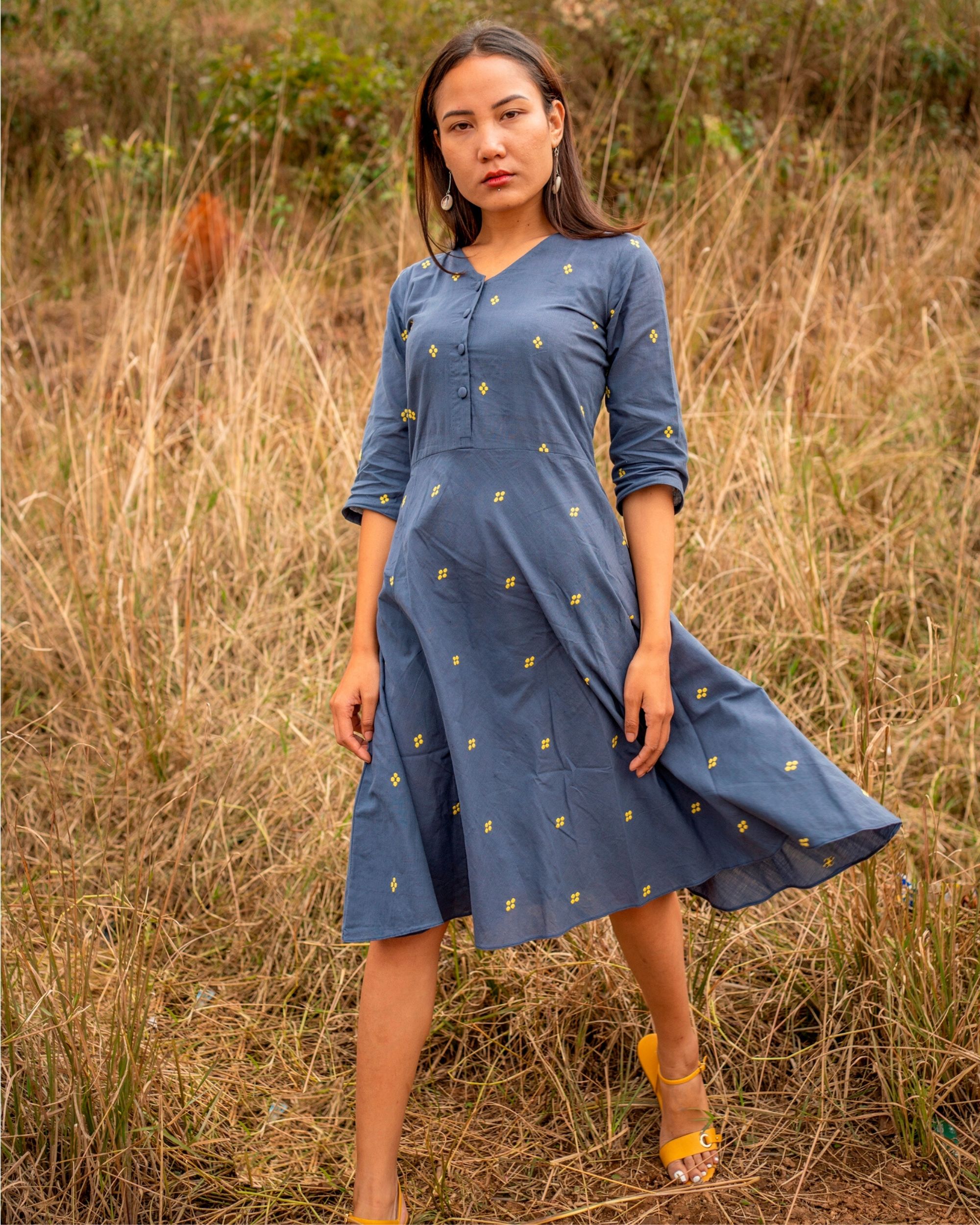 Blue flared midi dress by Amoh By Aanchal | The Secret Label