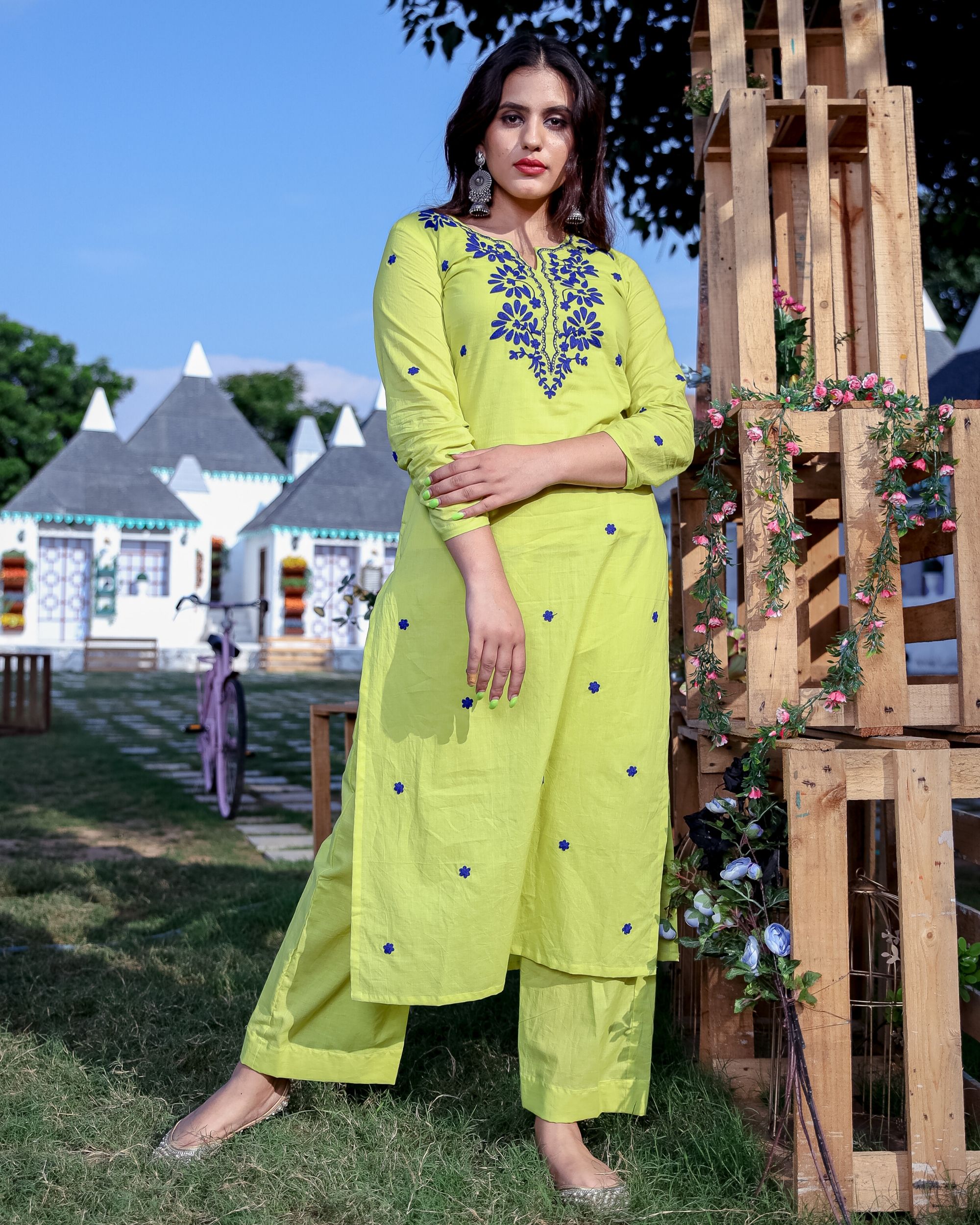 Lime green and blue dori embroidered kurta and palazzo- Set Of Two by ...