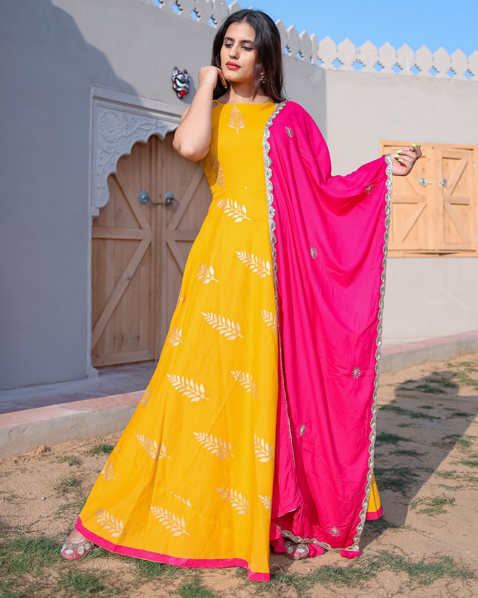 Mango yellow gold foil printed maxi dress with dupatta- Set Of Two by ...