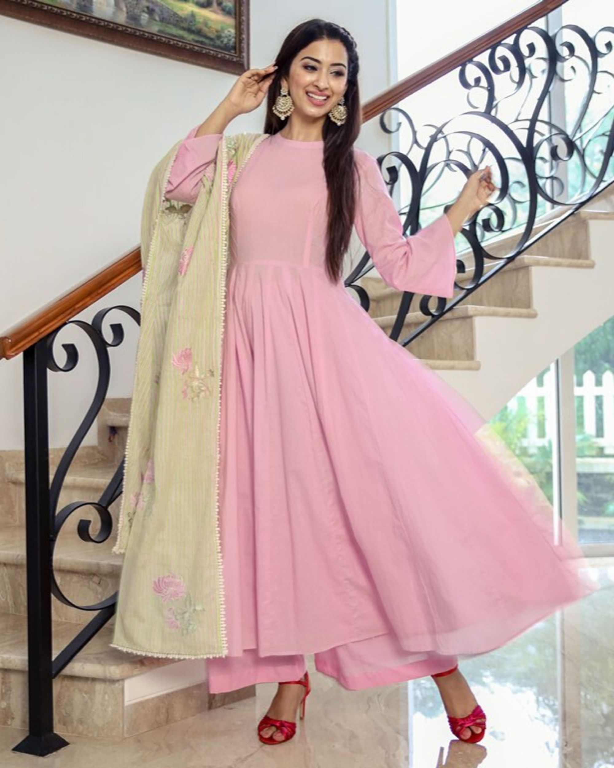 Pink pin tucks detailed kurta and palazzo with striped dupatta- Set Of  Three by Ambraee