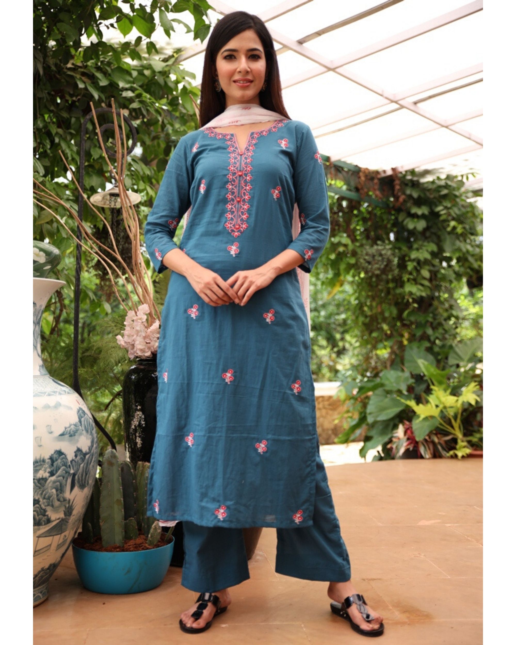 Blue Floral Embroidered Kurta And Palazzo With Dupatta Set Of Three By Ambraee The Secret Label 5248