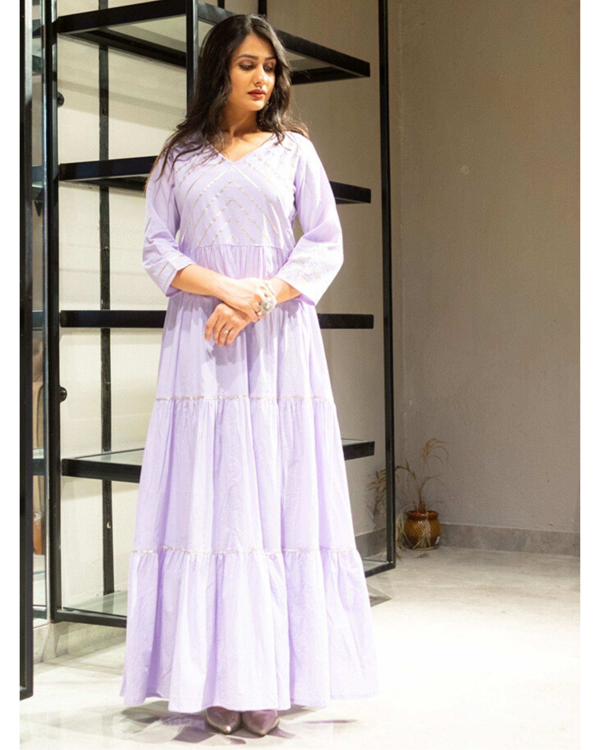 Lavender tiered dress with gota work by Chokhi Bandhani | The Secret Label