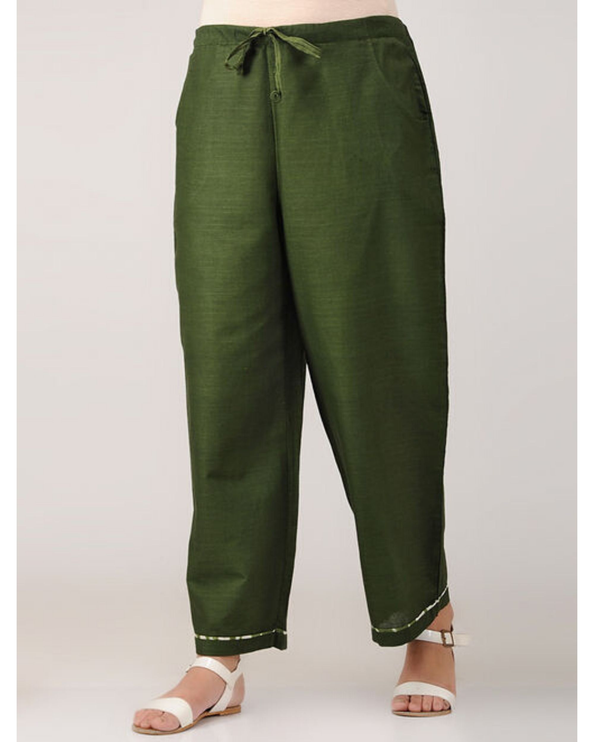 Olive green cotton pants with pockets by Sonal Kabra | The Secret Label