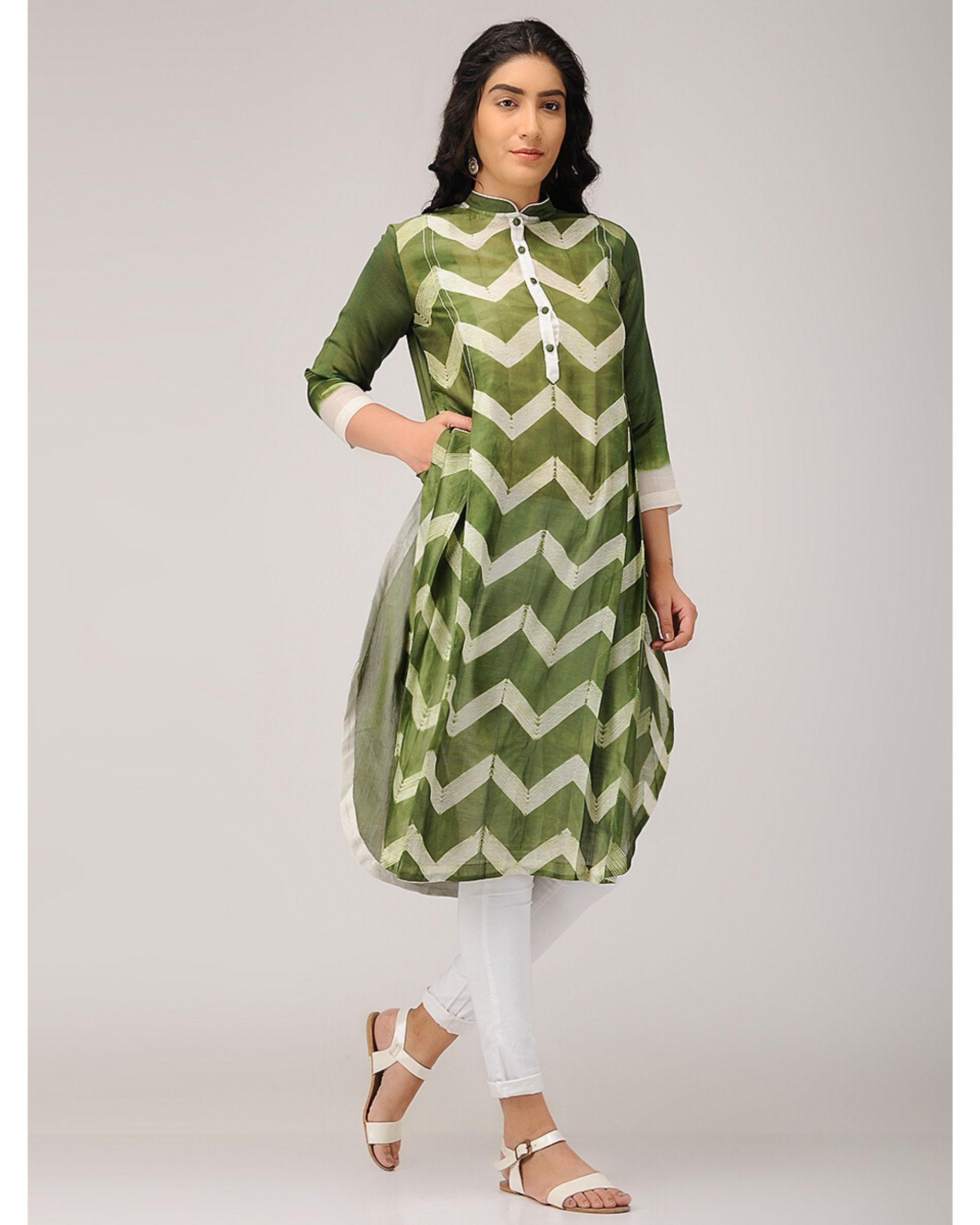 Olive green box pleated zig zag kurta by Sonal Kabra | The Secret Label